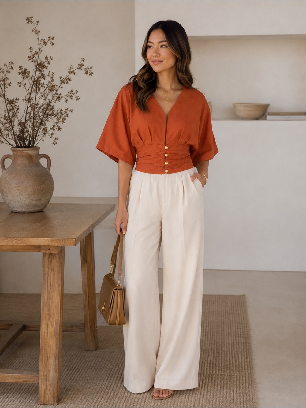 Commense Cotton & Linen Kimono Sleeve Gold Button Top Terracotta  Orange Size S
